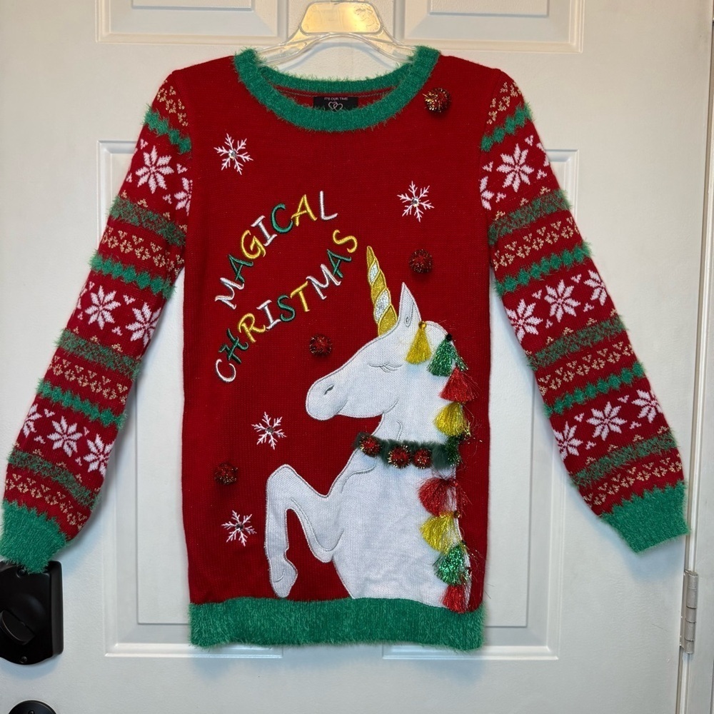 Unicorn Holiday Girl’s Sweater Dress Rhinestones Metallic Tassels Sz S (7/8)
